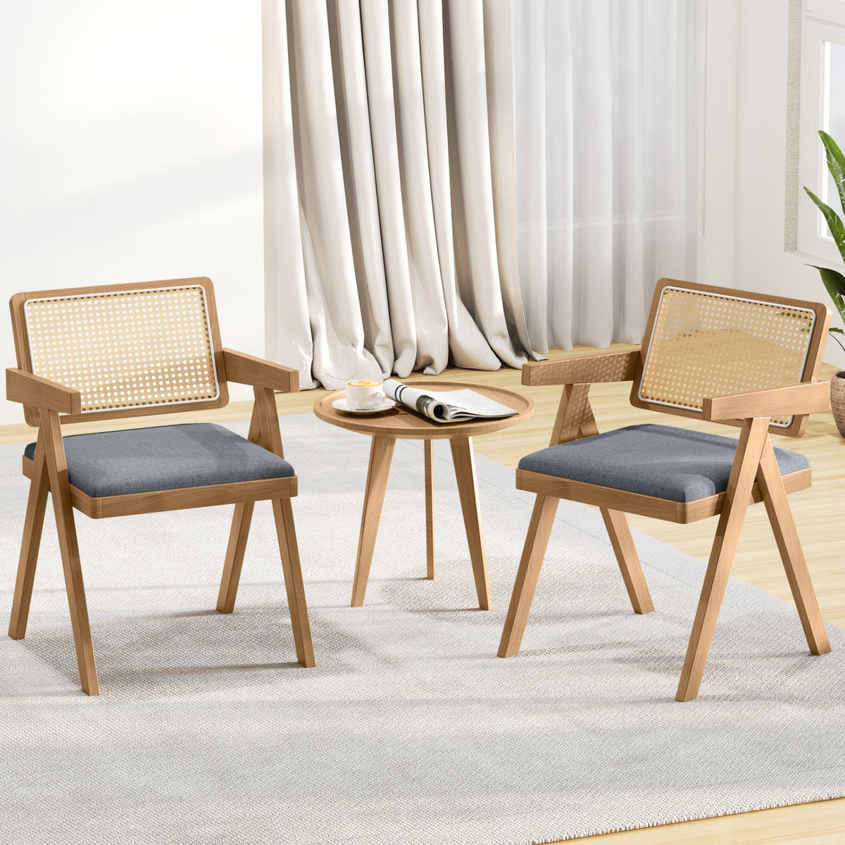 Set of 2 Rattan Accent Chairs with Padded Cushion and Rubber Wood Frame-Gray view 2