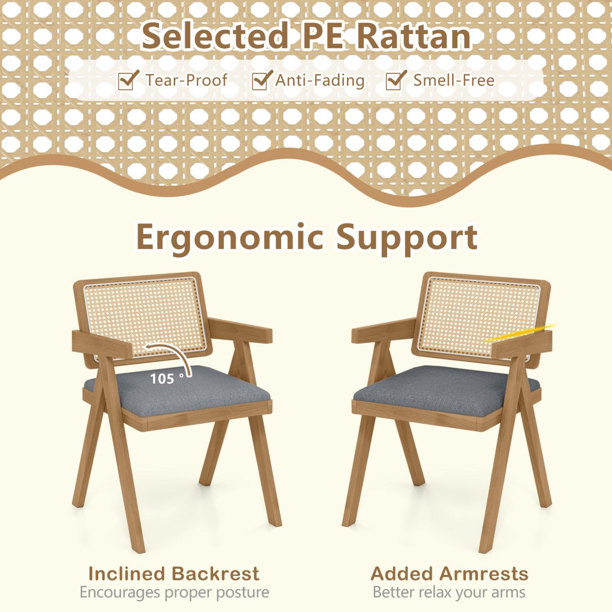 Set of 2 Rattan Accent Chairs with Padded Cushion and Rubber Wood Frame-Gray view 6