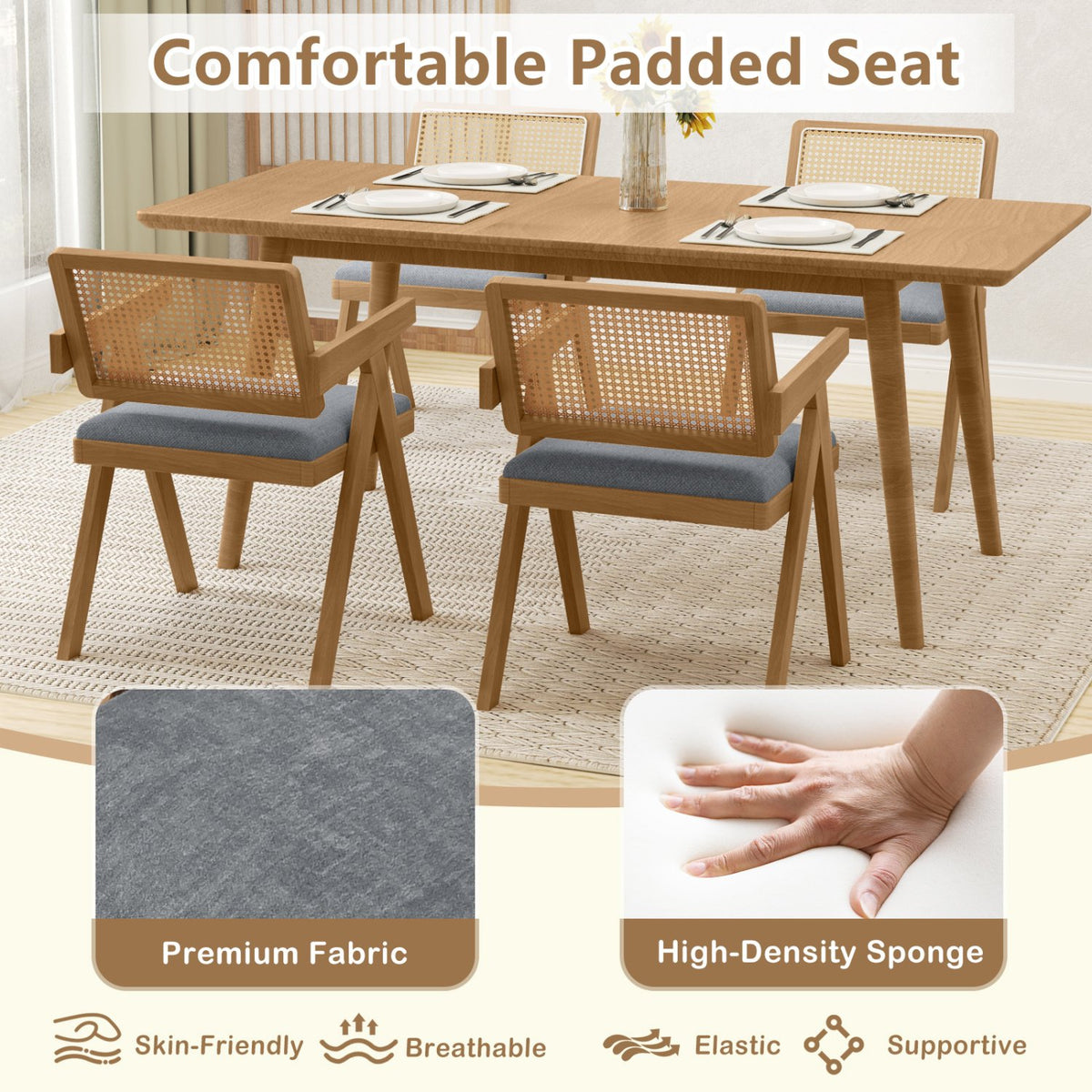 Set of 2 Rattan Accent Chairs with Padded Cushion and Rubber Wood Frame-Gray view 7