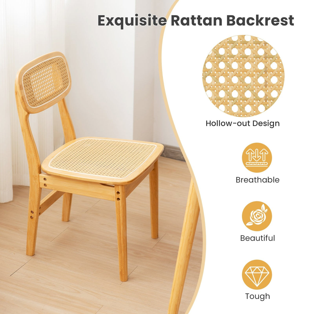 Set of 2 Rattan Dining Chairs with Simulated Rattan Backrest-Natural view 6