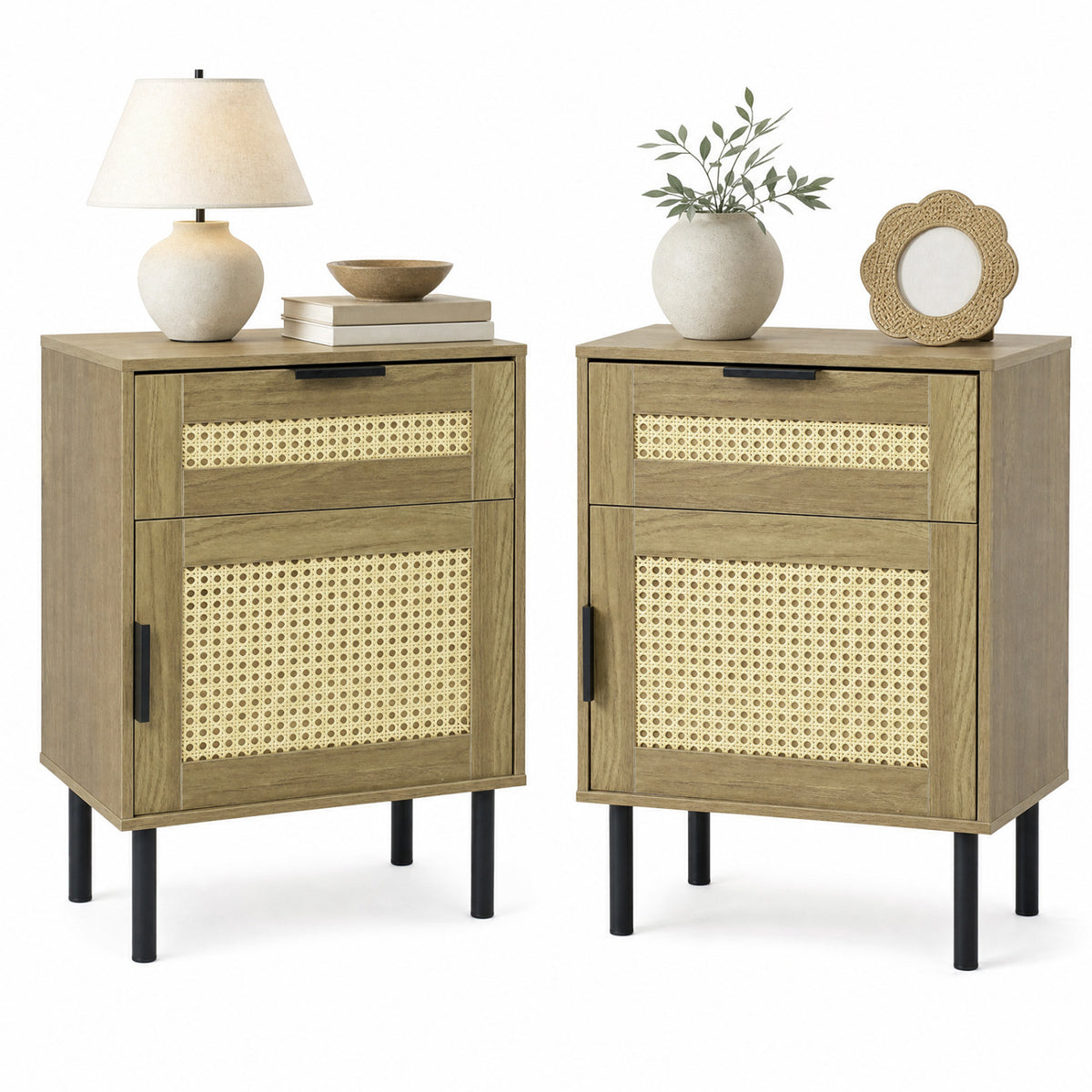 Set of 2 Rattan Nightstand with Drawer and Storage Cabinet for Bedroom Dorm-Natrual view 4