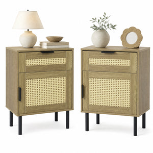 Set of 2 Rattan Nightstand with Drawer and Storage Cabinet for Bedroom Dorm-Natrual view 4