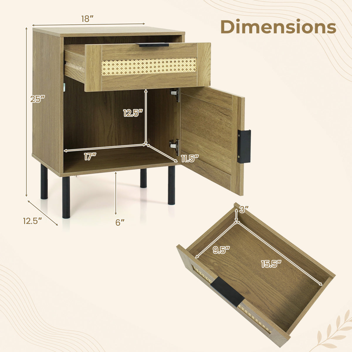 Set of 2 Rattan Nightstand with Drawer and Storage Cabinet for Bedroom Dorm-Natrual view 5