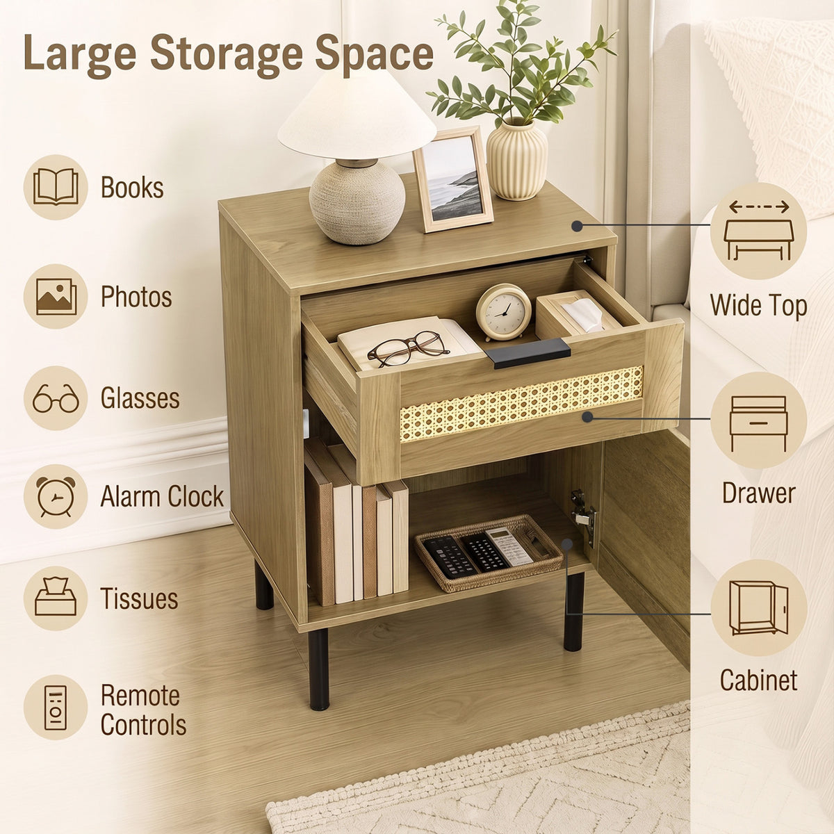 Set of 2 Rattan Nightstand with Drawer and Storage Cabinet for Bedroom Dorm-Natrual view 6