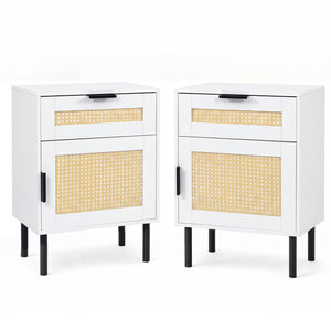 Set of 2 Rattan Nightstand with Drawer and Storage Cabinet for Bedroom Dorm-White