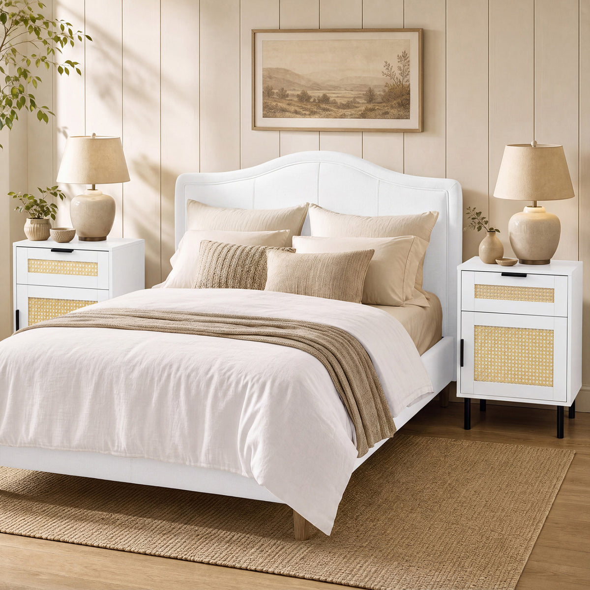 Set of 2 Rattan Nightstand with Drawer and Storage Cabinet for Bedroom Dorm-White view 2