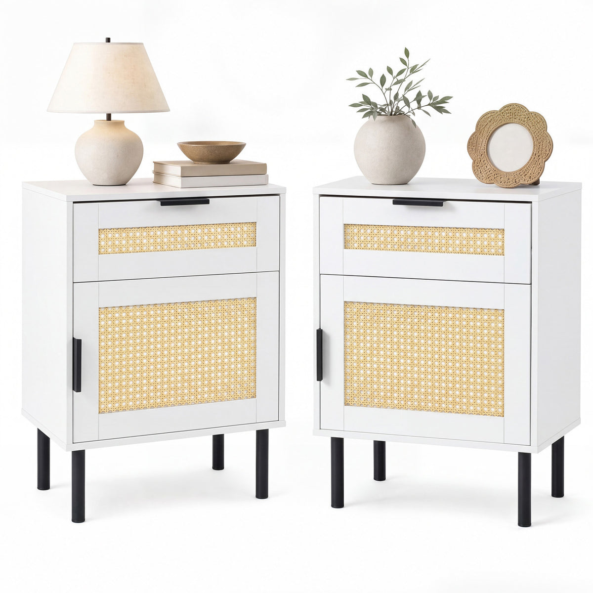 Set of 2 Rattan Nightstand with Drawer and Storage Cabinet for Bedroom Dorm-White view 3