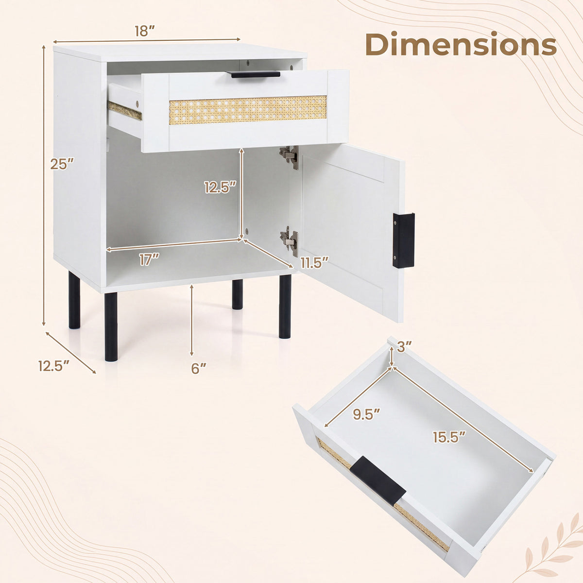 Set of 2 Rattan Nightstand with Drawer and Storage Cabinet for Bedroom Dorm-White view 4