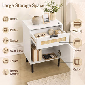 Set of 2 Rattan Nightstand with Drawer and Storage Cabinet for Bedroom Dorm-White view 5