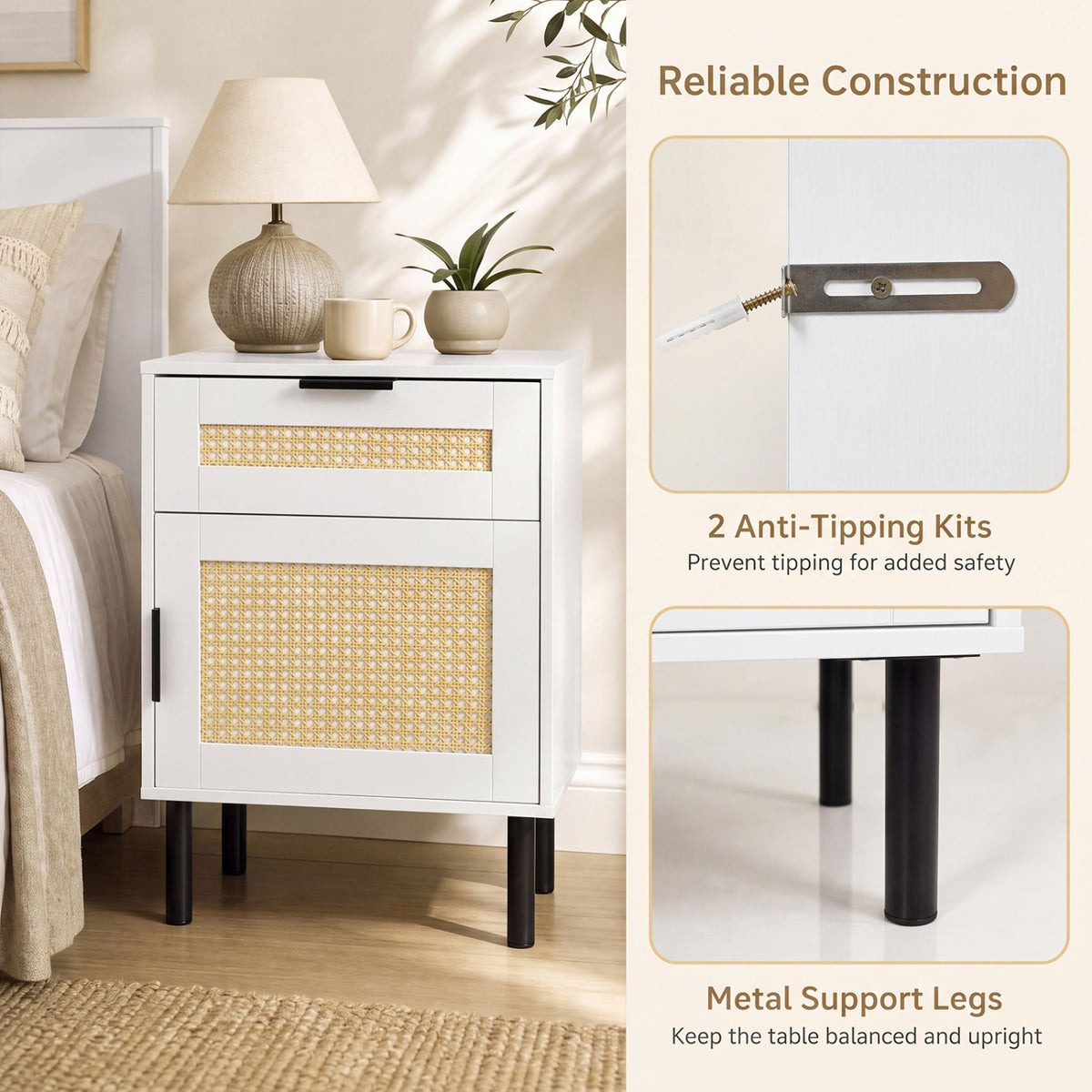 Set of 2 Rattan Nightstand with Drawer and Storage Cabinet for Bedroom Dorm-White view 6