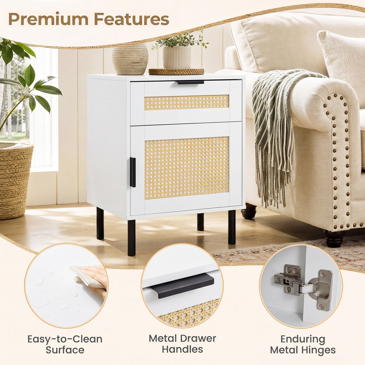 Set of 2 Rattan Nightstand with Drawer and Storage Cabinet for Bedroom Dorm-White view 7