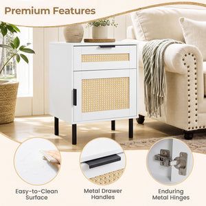 Set of 2 Rattan Nightstand with Drawer and Storage Cabinet for Bedroom Dorm-White view 7