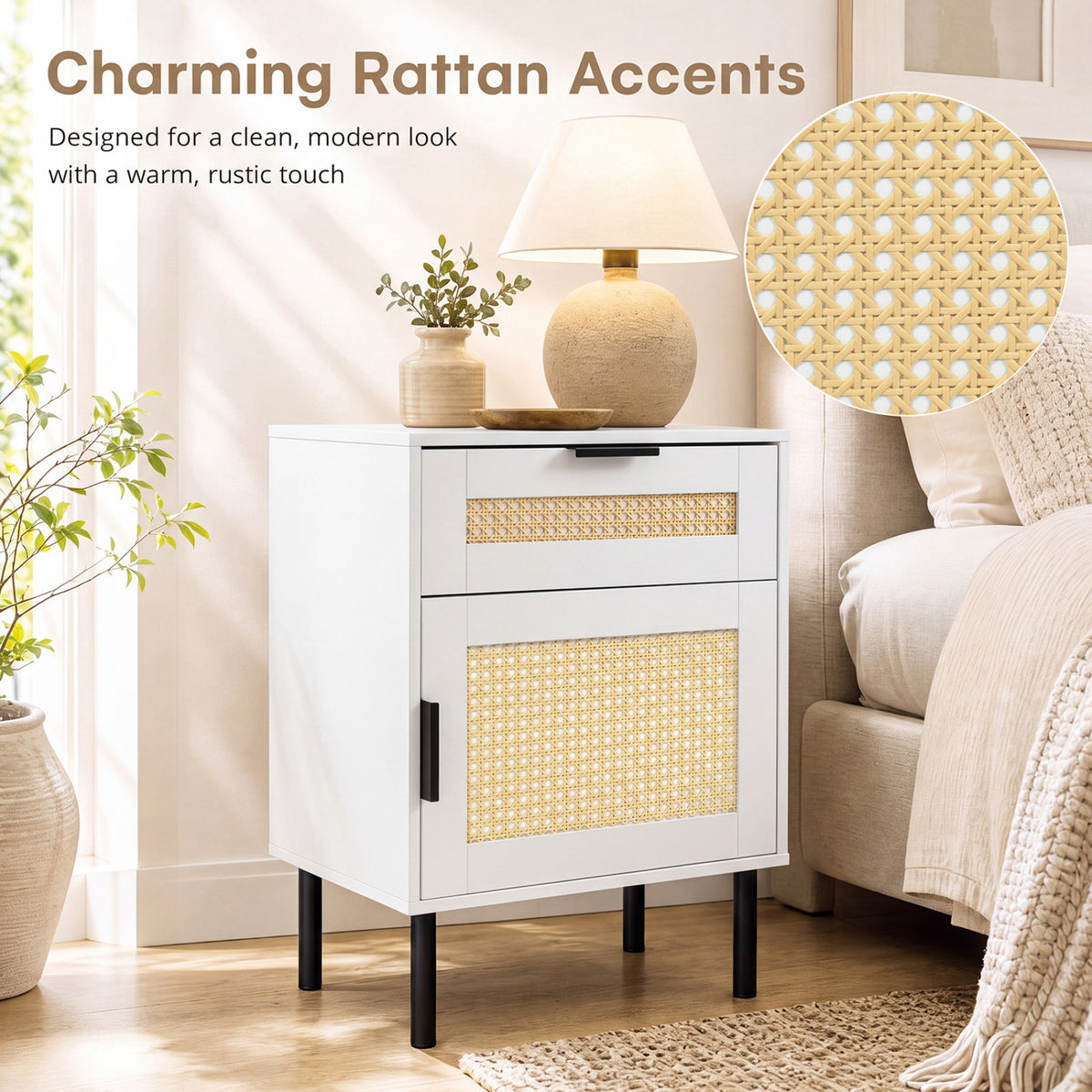 Set of 2 Rattan Nightstand with Drawer and Storage Cabinet for Bedroom Dorm-White view 8