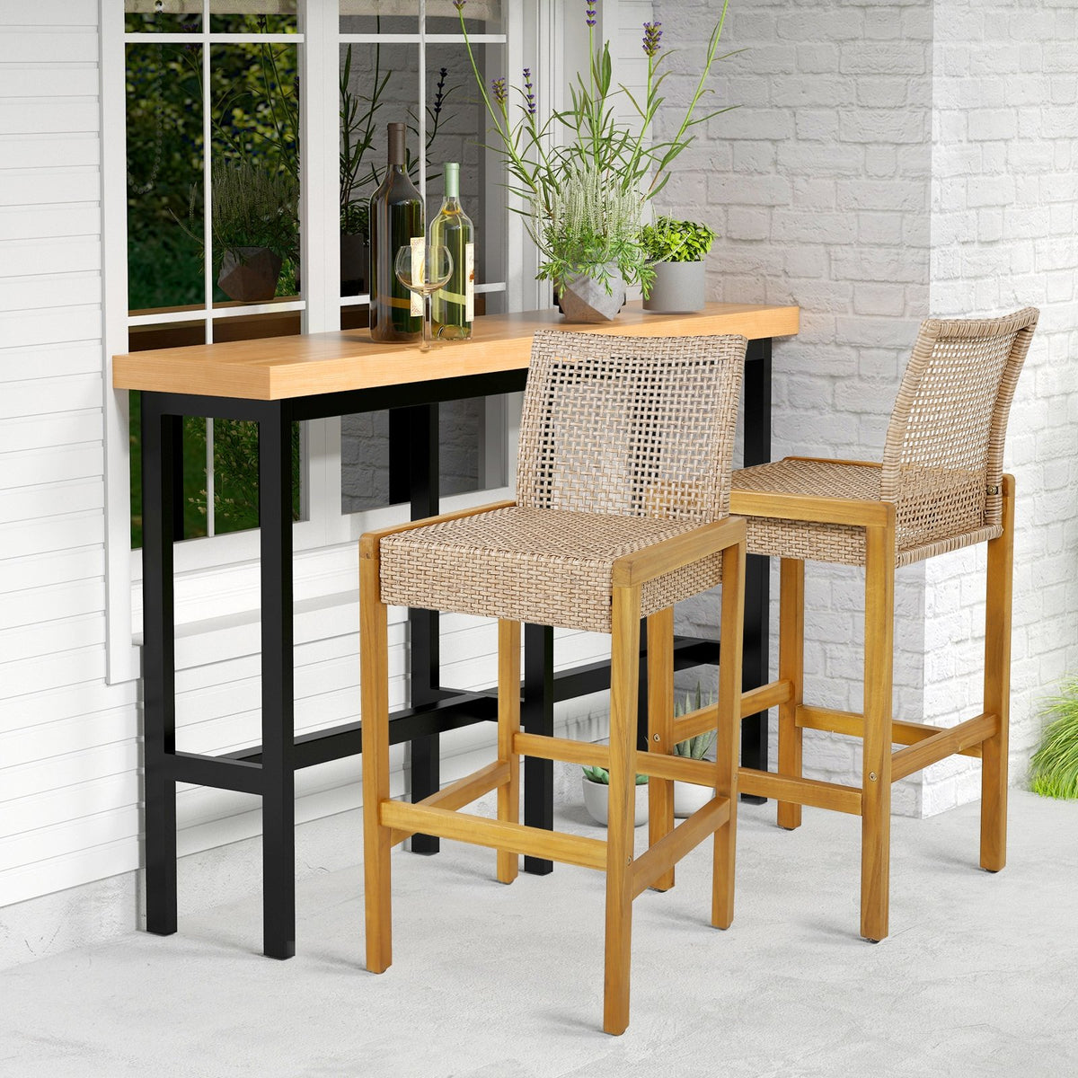 Set of 2 Rattan Patio Wood Barstools Dining Chairs with Backrest-Set of 2 view 2