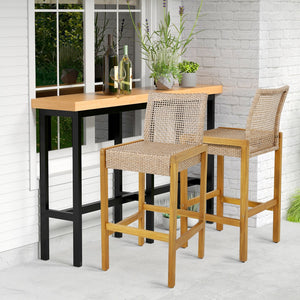Set of 2 Rattan Patio Wood Barstools Dining Chairs with Backrest-Set of 2 view 2