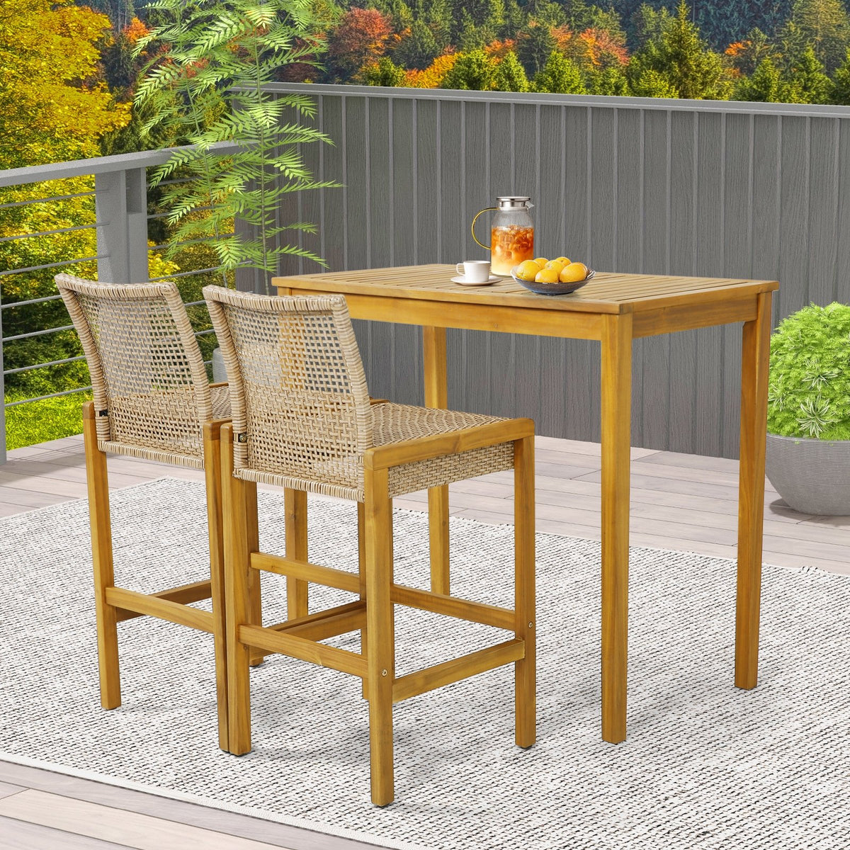 Set of 2 Rattan Patio Wood Barstools Dining Chairs with Backrest-Set of 2 view 3