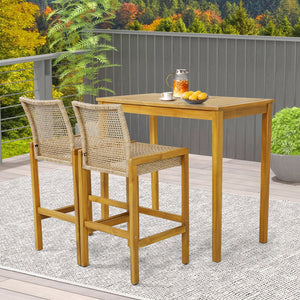 Set of 2 Rattan Patio Wood Barstools Dining Chairs with Backrest-Set of 2 view 3