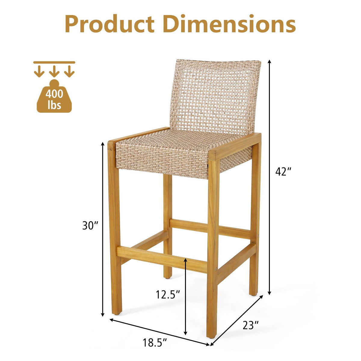 Set of 2 Rattan Patio Wood Barstools Dining Chairs with Backrest-Set of 2 view 4