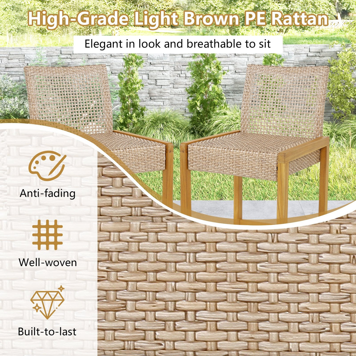 Set of 2 Rattan Patio Wood Barstools Dining Chairs with Backrest-Set of 2 view 6