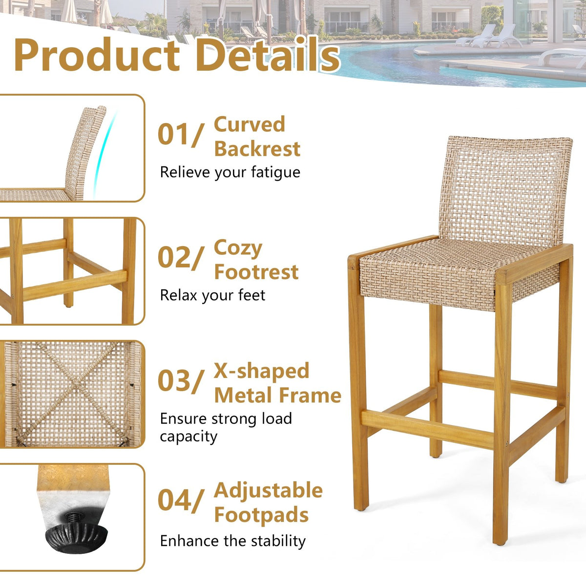 Set of 2 Rattan Patio Wood Barstools Dining Chairs with Backrest-Set of 2 view 7