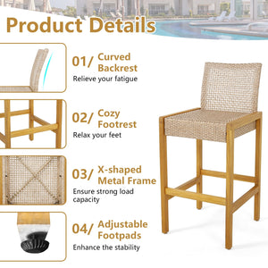 Set of 2 Rattan Patio Wood Barstools Dining Chairs with Backrest-Set of 2 view 7