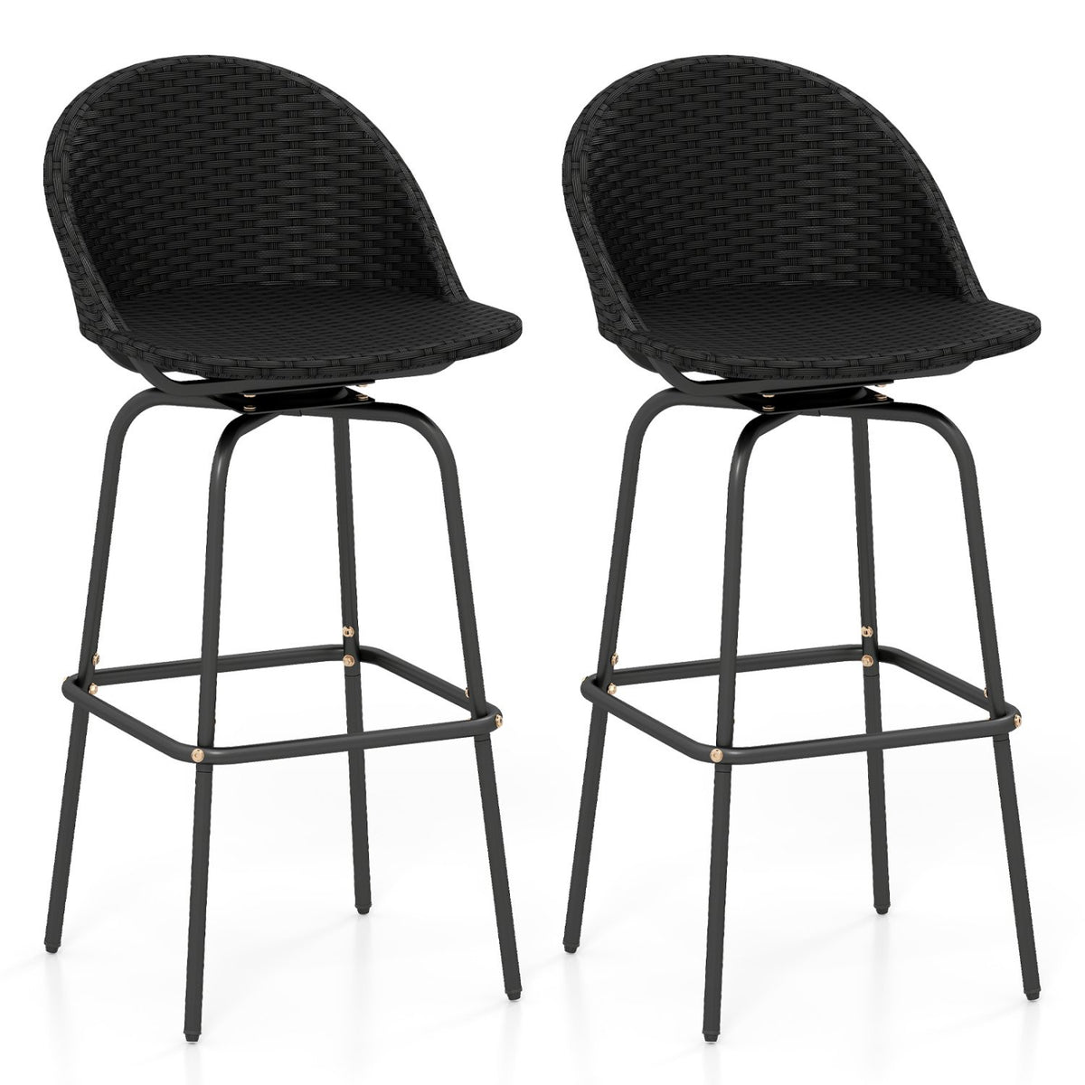 Set of 2 Rattan Swivel Barstools with Curved Back-Black