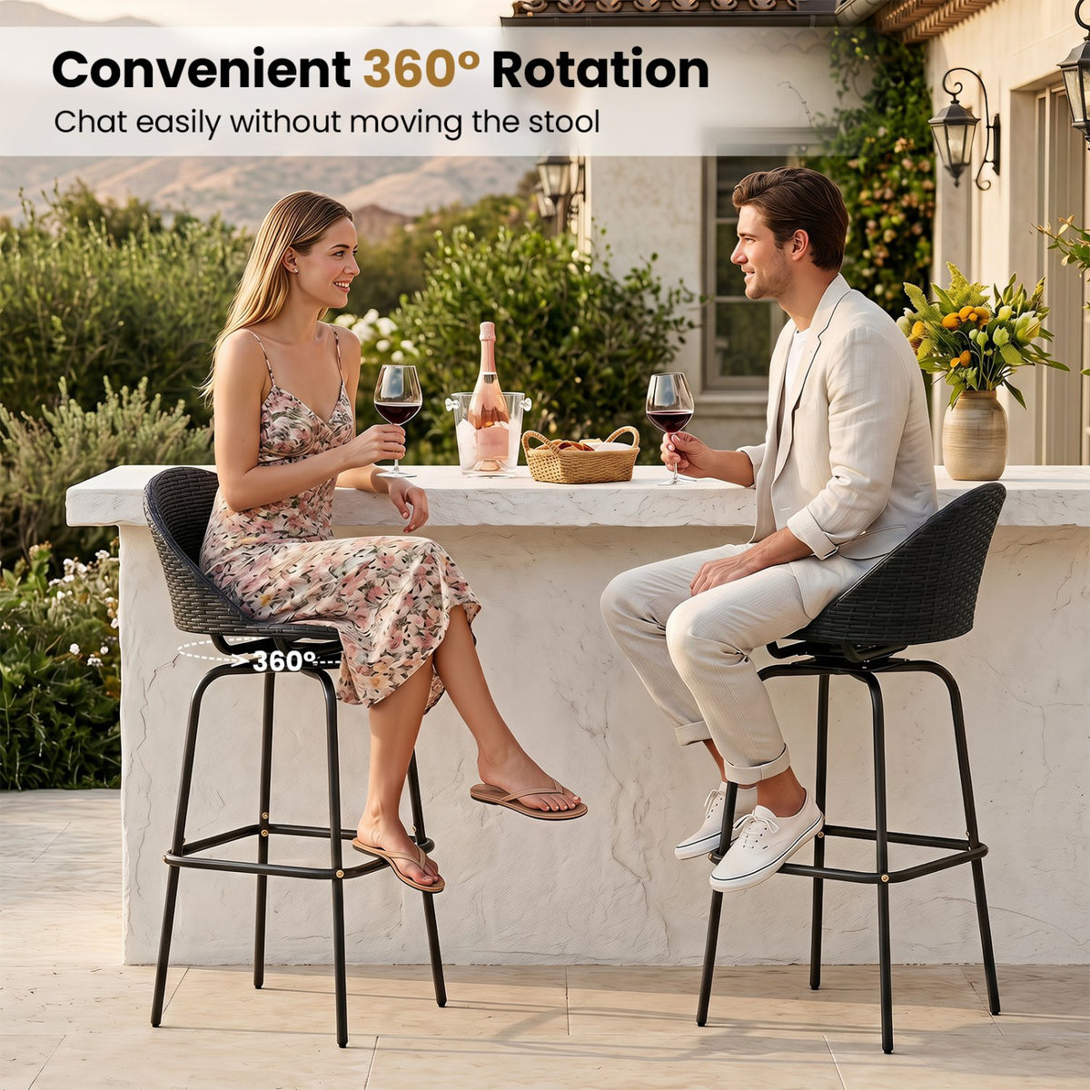 Set of 2 Rattan Swivel Barstools with Curved Back-Black view 5