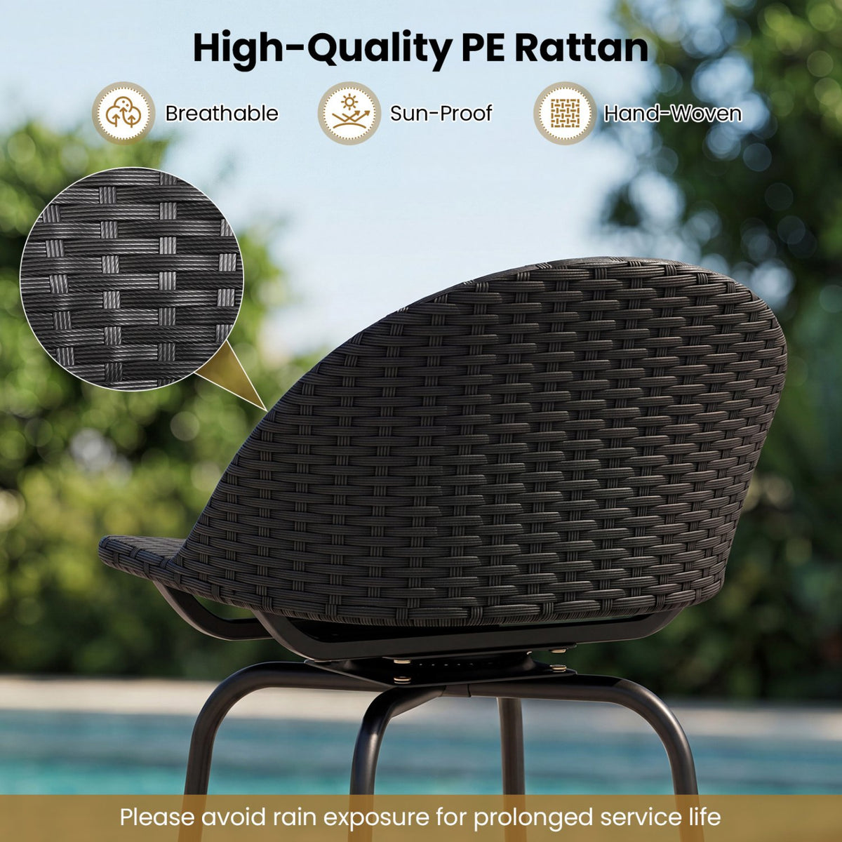 Set of 2 Rattan Swivel Barstools with Curved Back-Black view 6