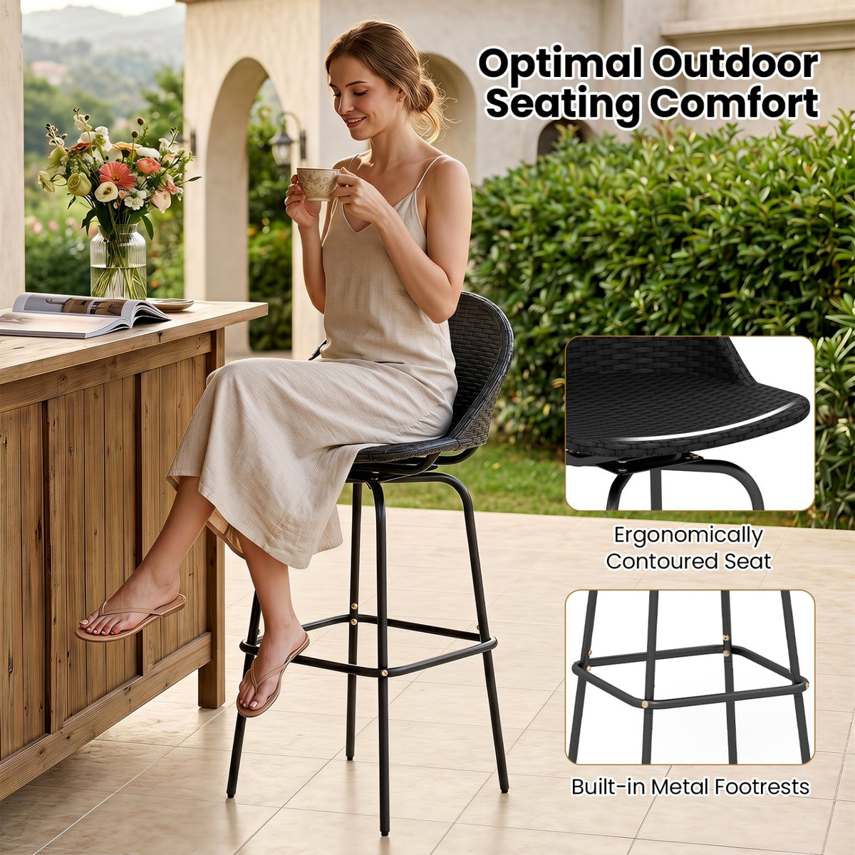 Set of 2 Rattan Swivel Barstools with Curved Back-Black view 7