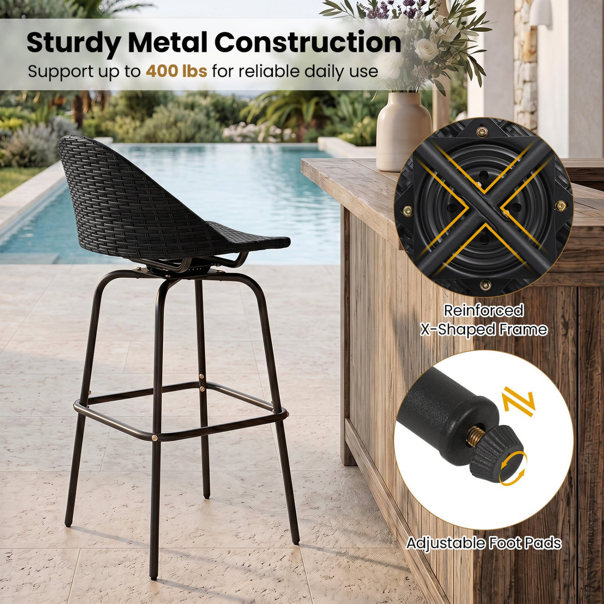 Set of 2 Rattan Swivel Barstools with Curved Back-Black view 9
