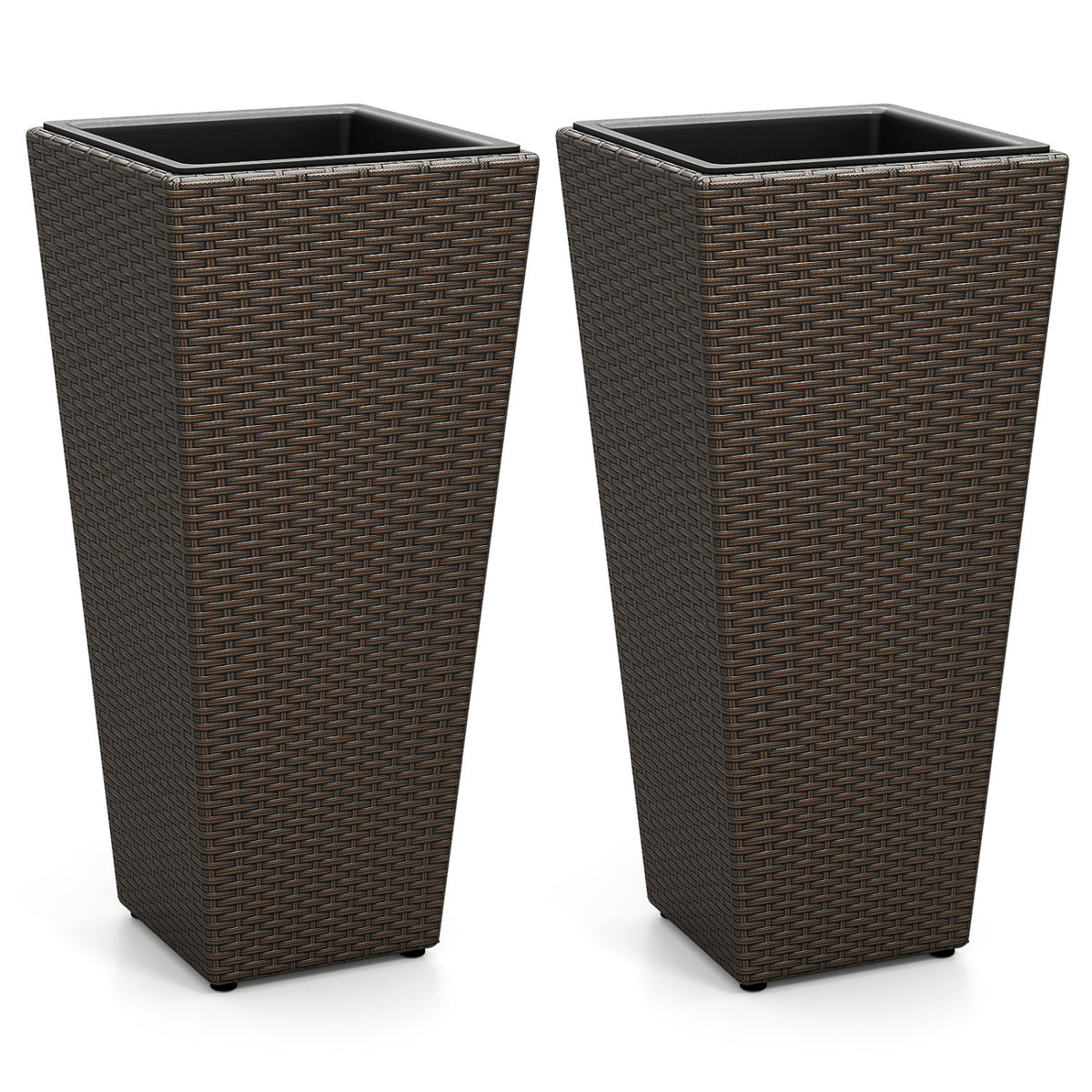Set of 2 Rattan Tall Plant Pots with Detachable Plastic Liners-Brown