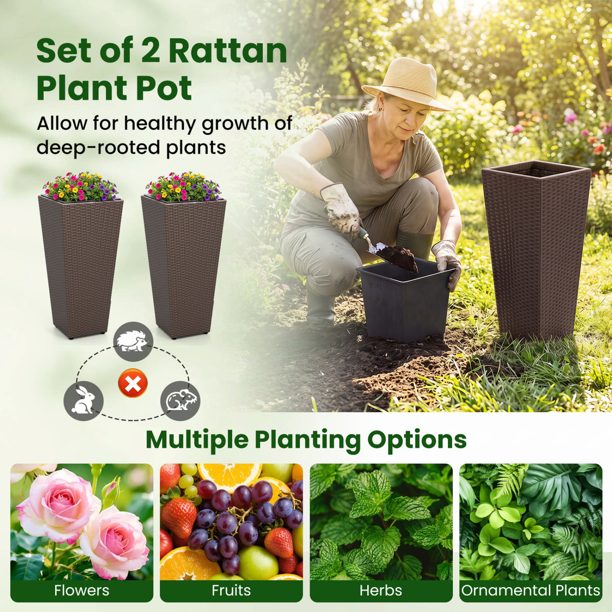 Set of 2 Rattan Tall Plant Pots with Detachable Plastic Liners-Brown view 7