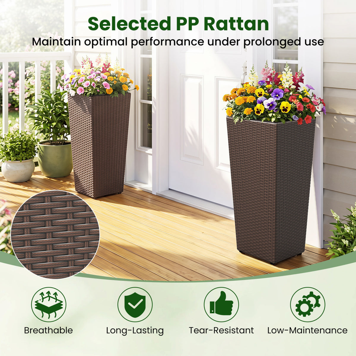 Set of 2 Rattan Tall Plant Pots with Detachable Plastic Liners-Brown view 8