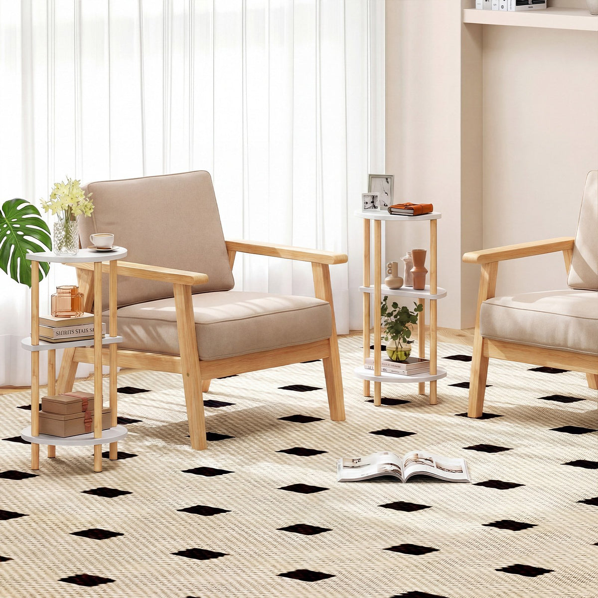 Set of 2 Round Side Table Compact with 3-Tier Shelves and Bamboo Construction-White view 2