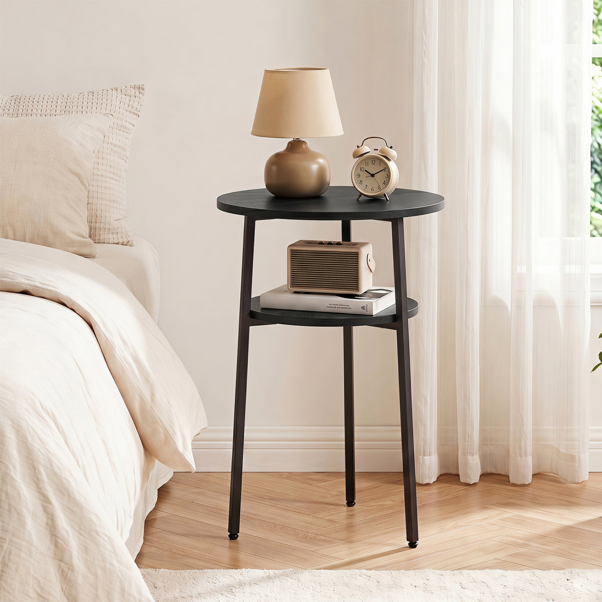 Round Side Table with Storage Shelf & Metal Frame for Living Room-Black view 3