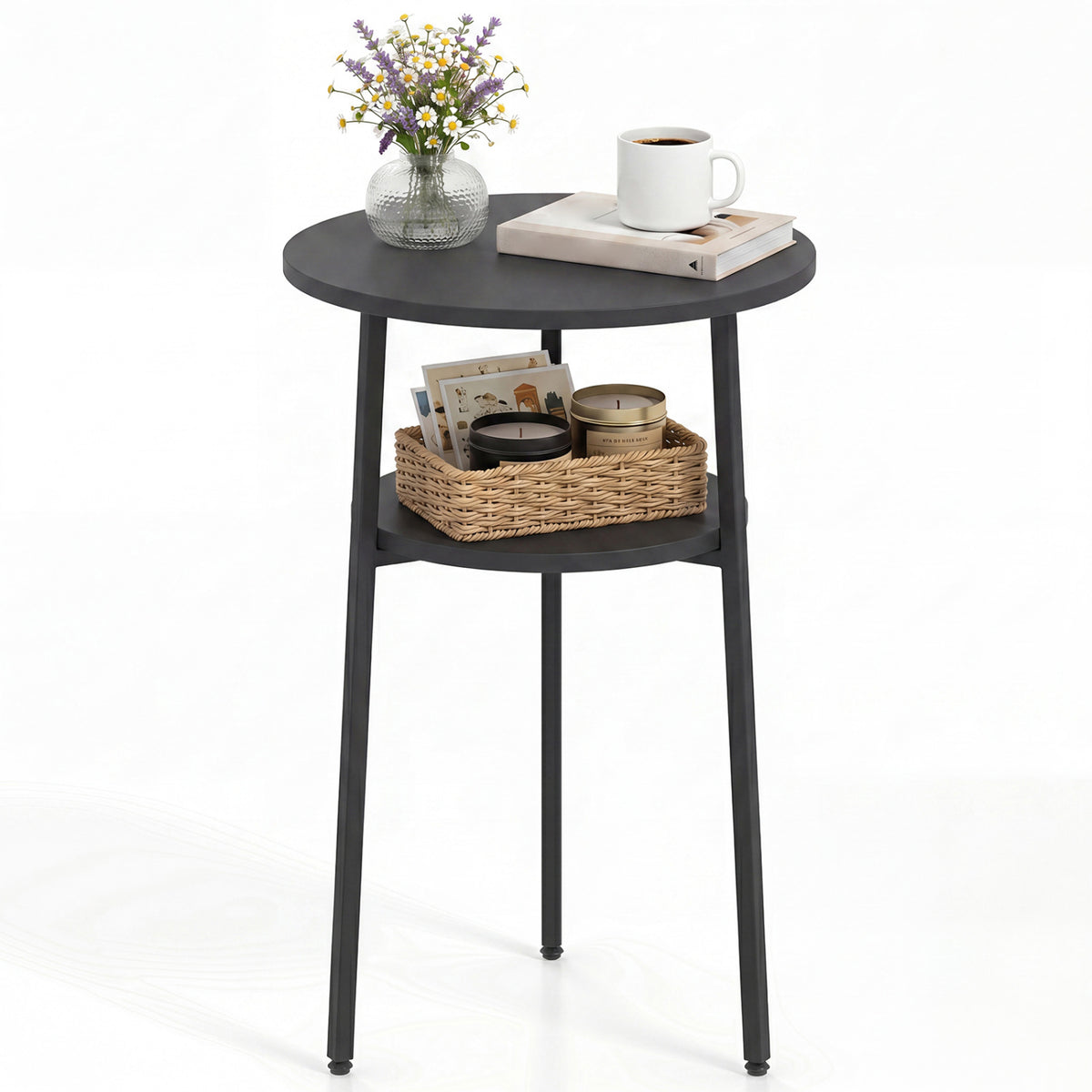 Round Side Table with Storage Shelf & Metal Frame for Living Room-Black view 4