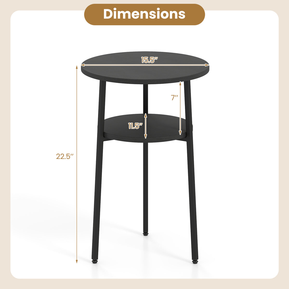 Round Side Table with Storage Shelf & Metal Frame for Living Room-Black view 5