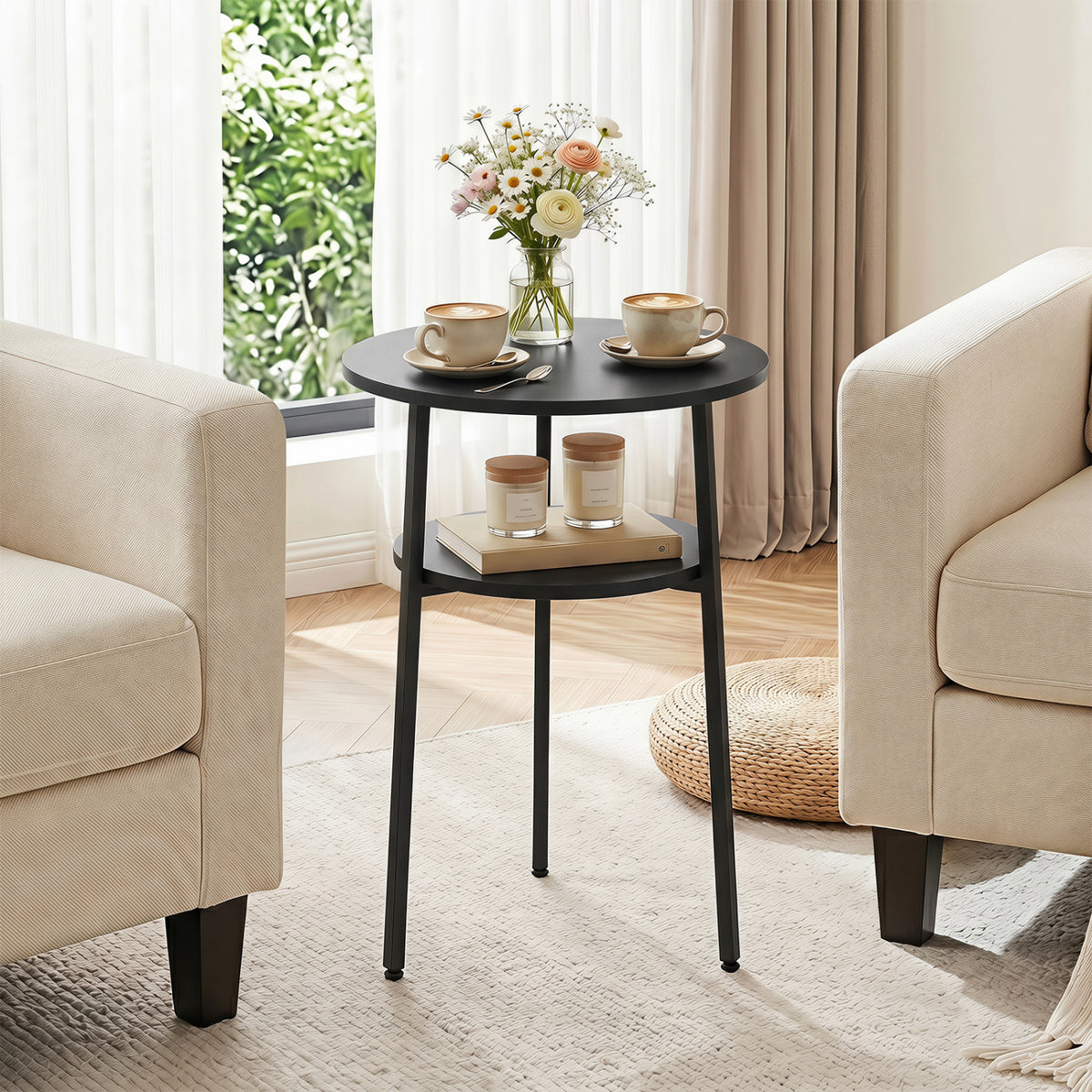 Round Side Table with Storage Shelf & Metal Frame for Living Room-Black view 6