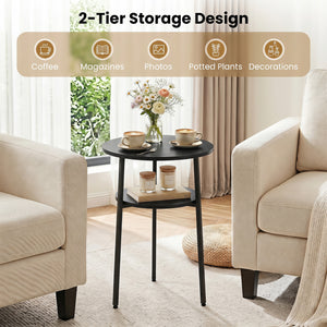Round Side Table with Storage Shelf & Metal Frame for Living Room-Black view 7