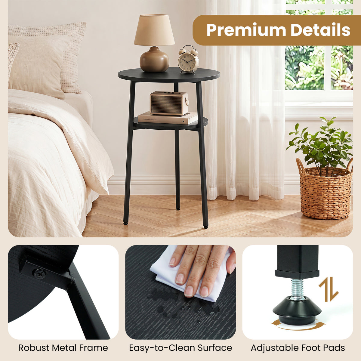 Round Side Table with Storage Shelf & Metal Frame for Living Room-Black view 8
