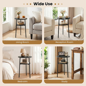 Round Side Table with Storage Shelf & Metal Frame for Living Room-Black view 9