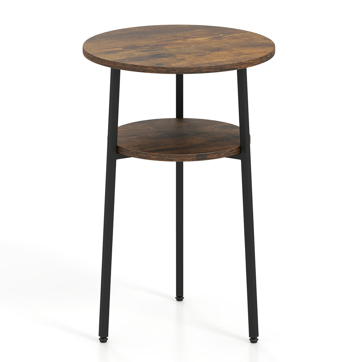 Round Side Table with Storage Shelf & Metal Frame for Living Room-Rustic Brown