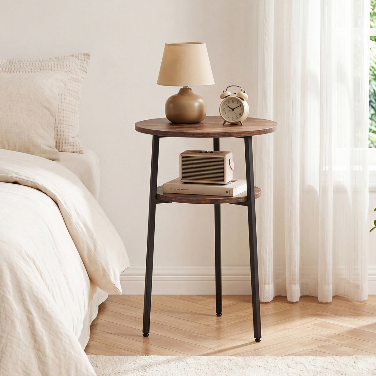 Round Side Table with Storage Shelf & Metal Frame for Living Room-Rustic Brown view 3