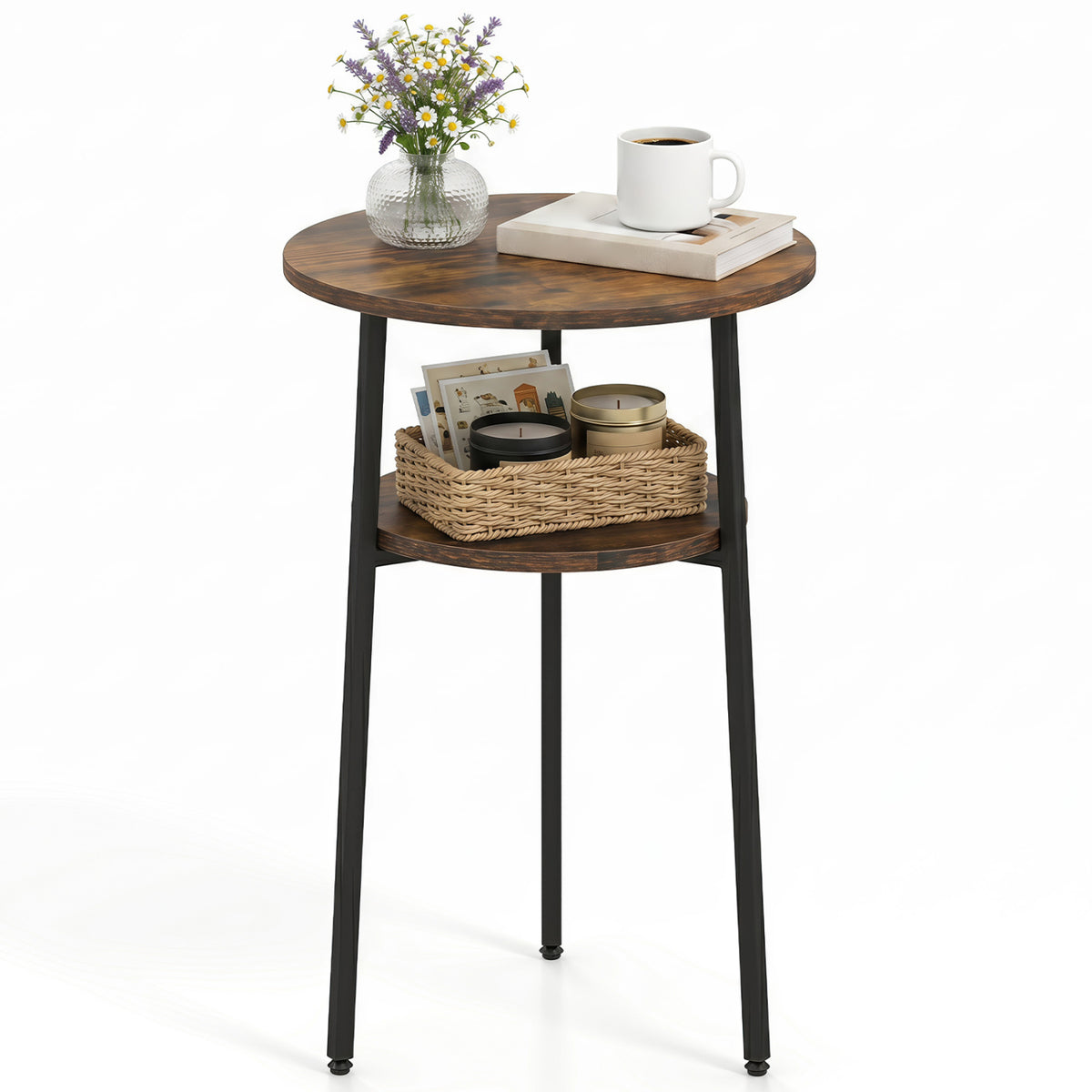 Round Side Table with Storage Shelf & Metal Frame for Living Room-Rustic Brown view 4