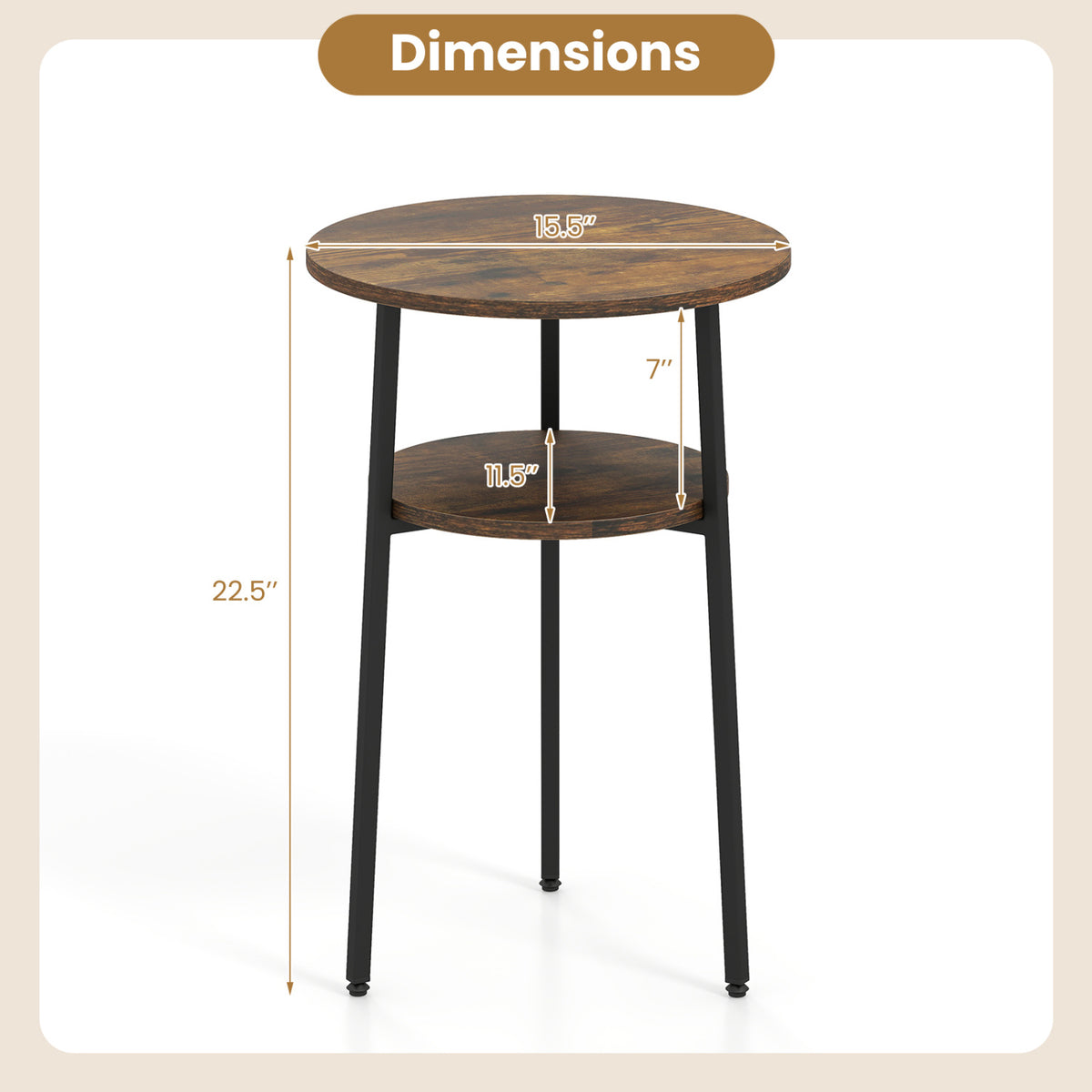 Round Side Table with Storage Shelf & Metal Frame for Living Room-Rustic Brown view 5