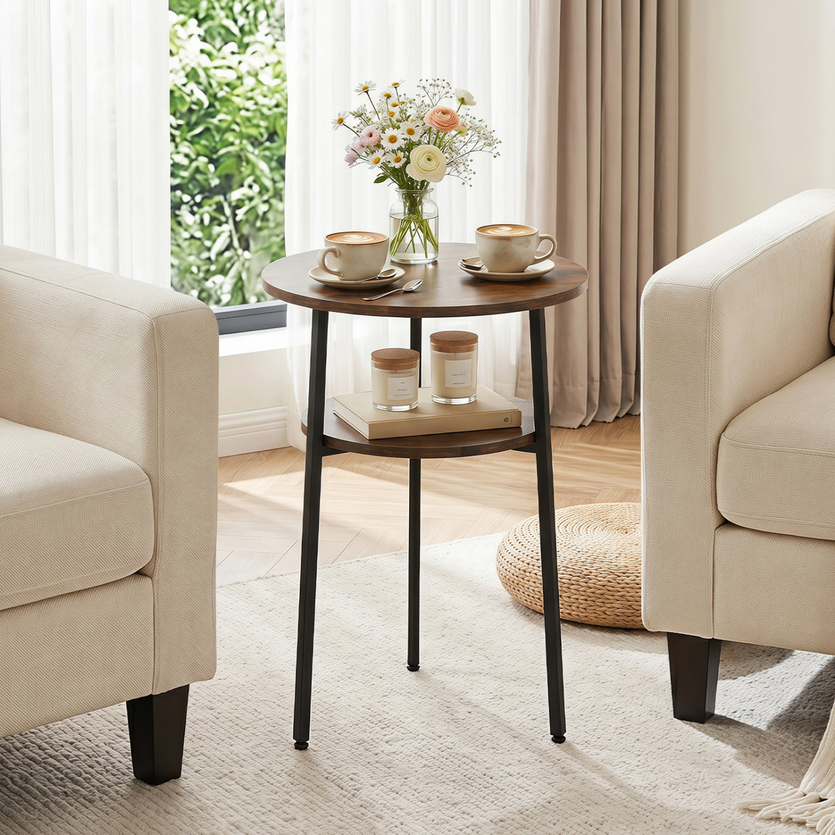 Round Side Table with Storage Shelf & Metal Frame for Living Room-Rustic Brown view 6