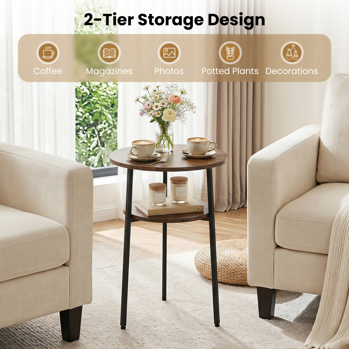 Round Side Table with Storage Shelf & Metal Frame for Living Room-Rustic Brown view 7
