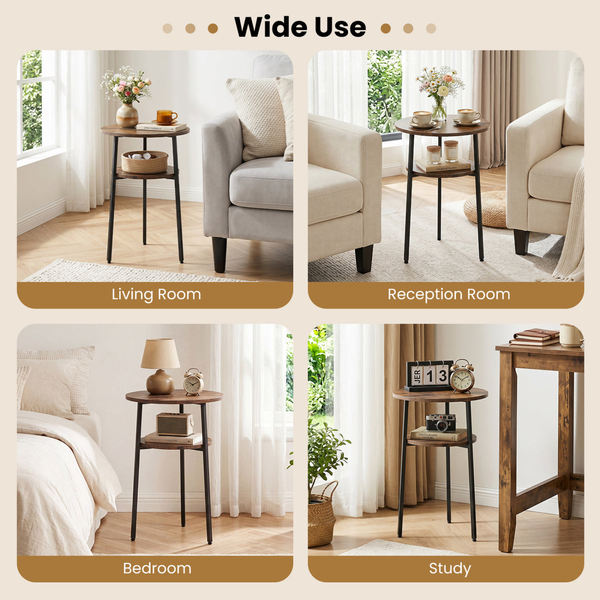 Round Side Table with Storage Shelf & Metal Frame for Living Room-Rustic Brown view 9