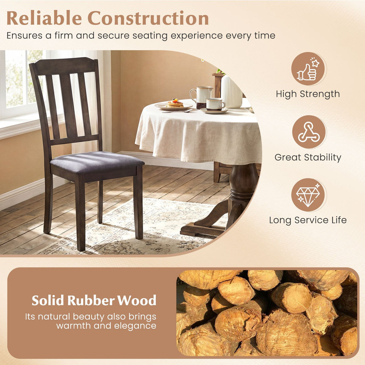 Set of 2 Rubber Wood Dining Room Chairs with Comfortable Backrest-Brown view 7