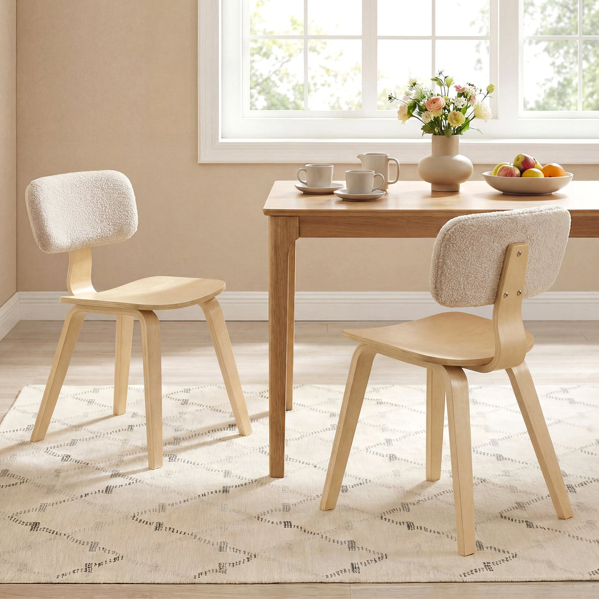 Set of 2 Rubber Wood Dining Room Chairs with Teddy Velvet Padded Backrest-Natural view 2